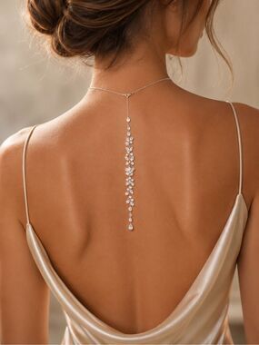 Anthropologie Silver Tone Crystal Back Drop Necklace Bridal Wedding Statement Y
